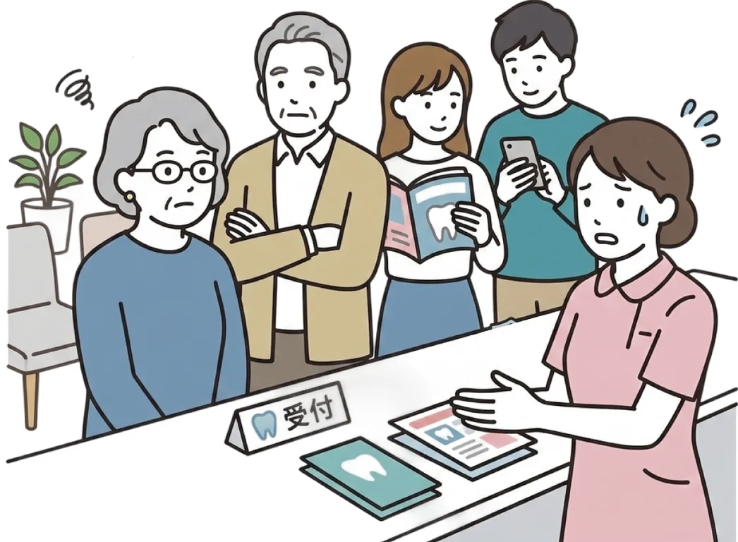 受付カウンターに患者さまの列ができ、対応に追われるスタッフ
